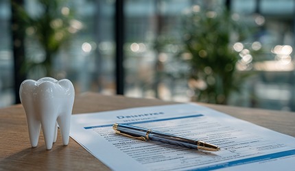 Model tooth next to insurance form and pen