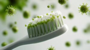 Toothbrush with bacteria shown on it.